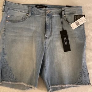 Liverpool light colored denim walking shorts. Approx 18” long from waist.